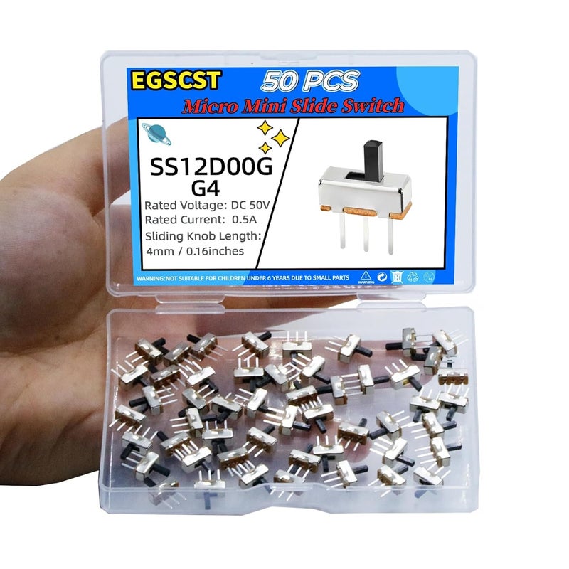 EGSCST 50 قطعة مفتاح منزلق ميكرو ميني SPDT مفاتيح تبديل 1p2t موضعين 3 دبابيس صغيرة مصغرة عمودية جبل لوحة DIP مقبض لأردوينو PCB لوحة دائرية مشروع إلكتروني - SS12D00G 4 مم DC 50 فولت 0.5 أمبير - Image 5